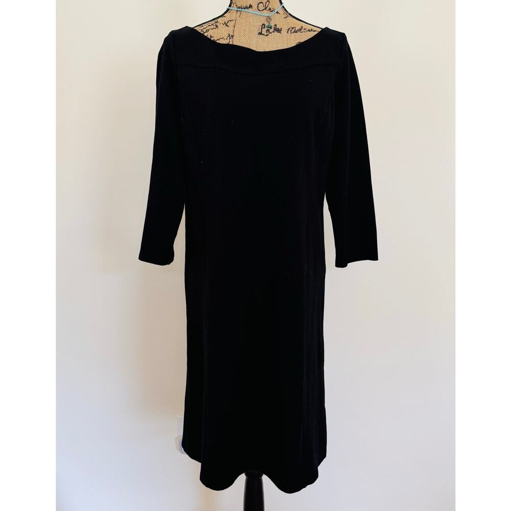 Eileen Fisher Italian Fabric Black Ponte Dress Boat Neck 3/4 Sleeve Shift Medium